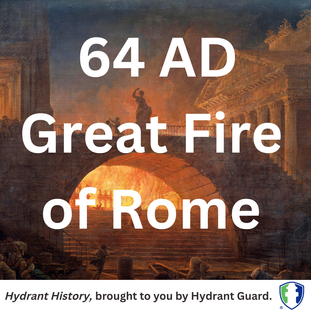 The Great Fire of Rome, 64AD, arch and classic temples on fire, episode in Hydrant History series