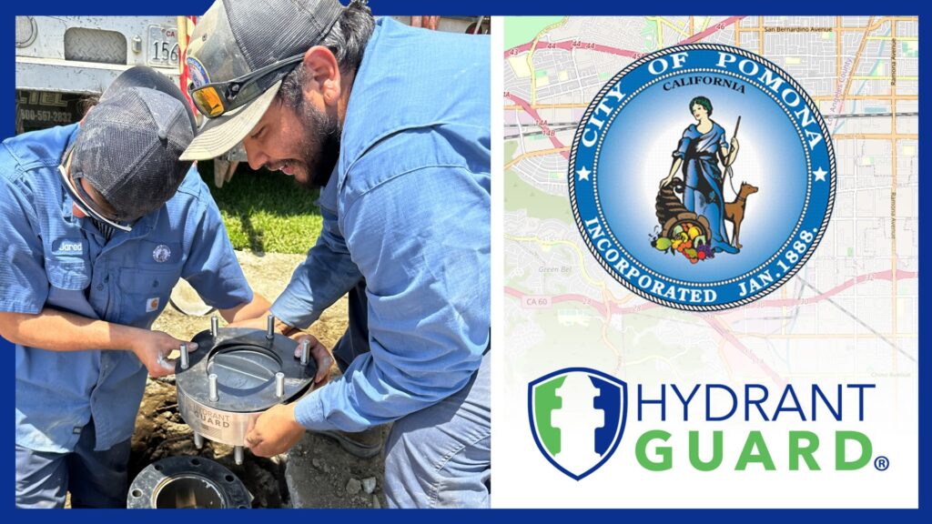 Water workers installing Hydrant Guard check valves on a fire hydrant in Pomona, California