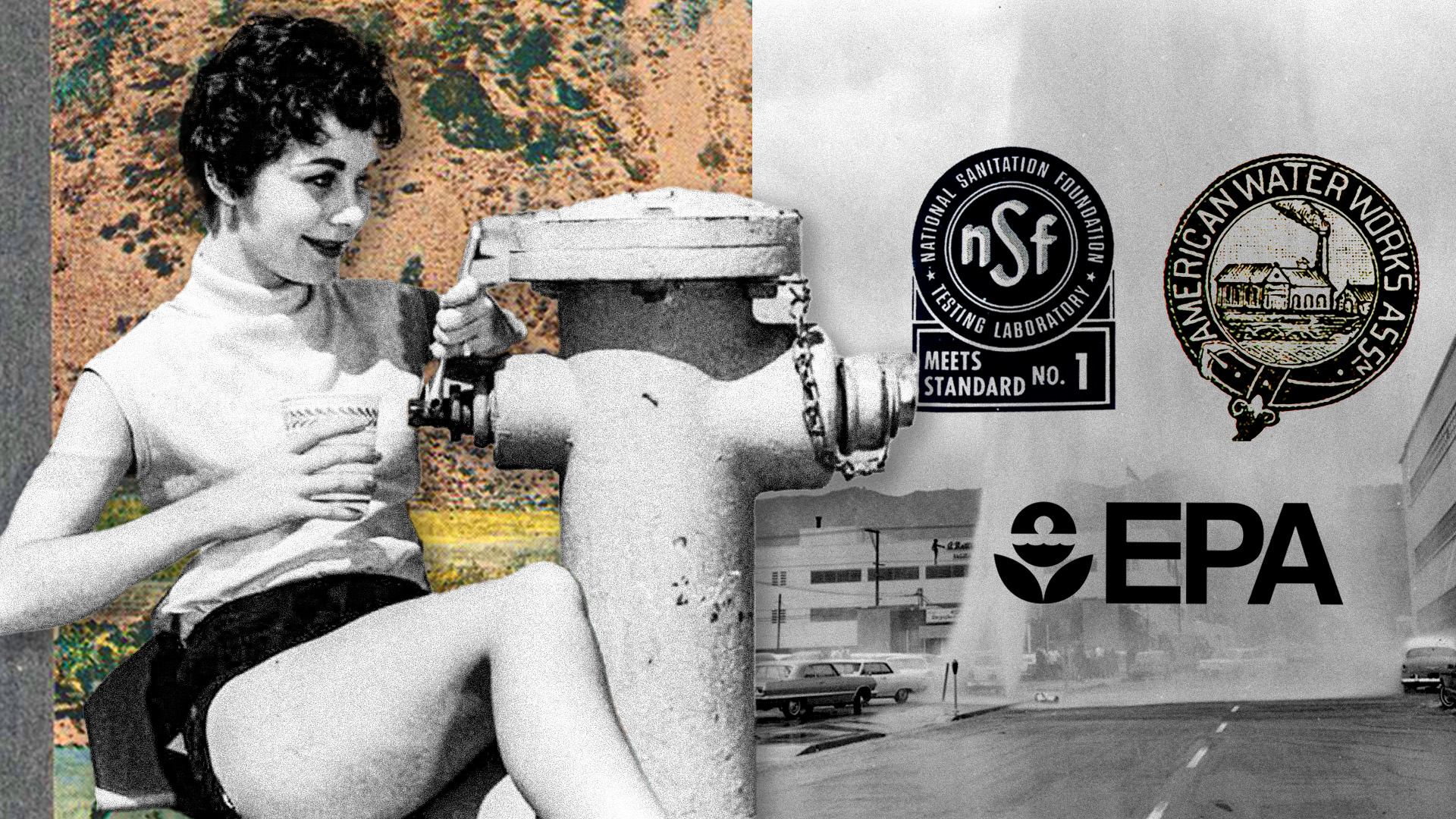 Logos of water industry regulation agencies with vintage photo of woman opening hydrant with a wrench